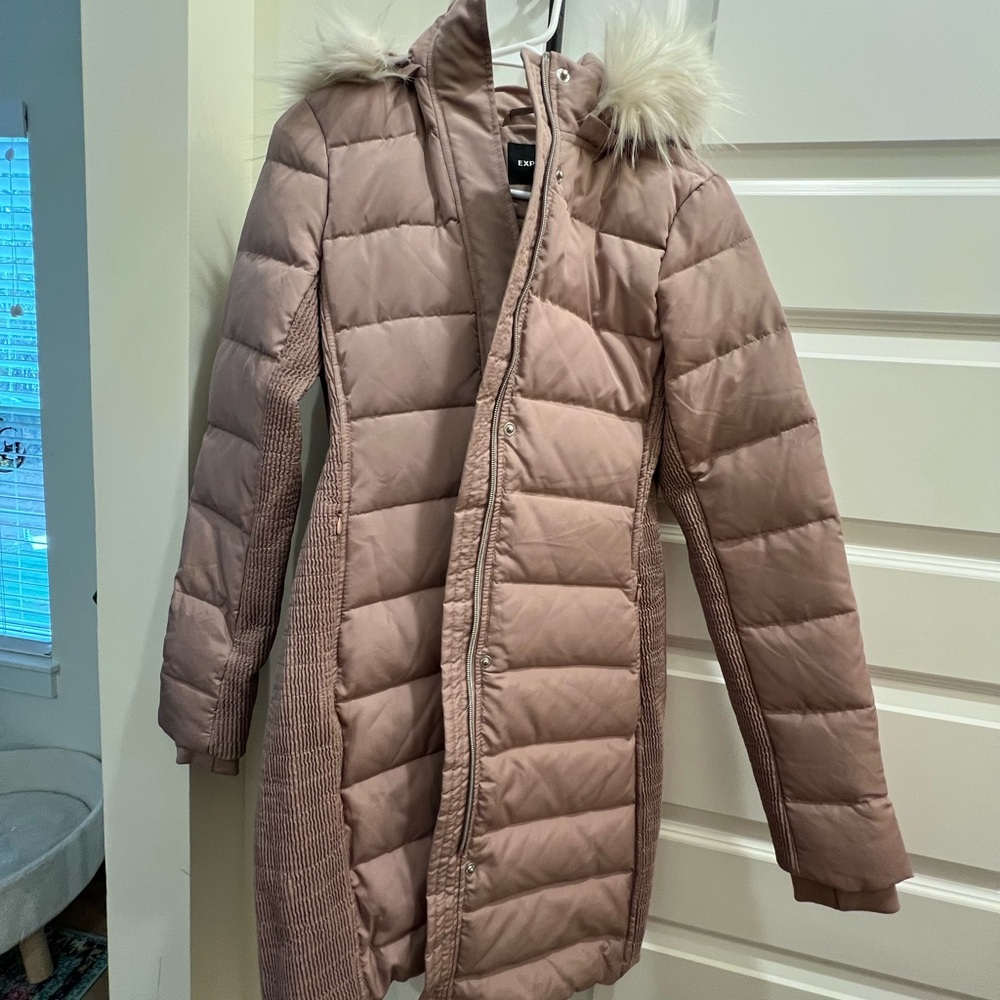 Express Blush Puffer Jacket with Faux Fur Hood